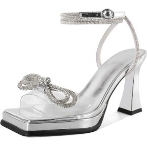 SAMMITOP Women's Double Bowknots Crystal Sandals Platform Chunky Heels Clear Square Toe Strappy Lace Up Rhinestone Dress Sandals Shoes 3.5 Inch