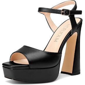 HDEUOLM Womens Chunky Block High Platform Heel Square Toe Peep Toe Sandals Ankle Strap Buckle Wedding Cute 5.3 Inches Heels