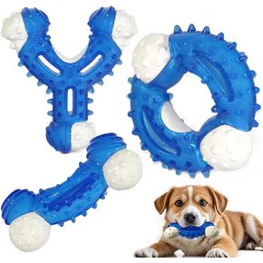 Tough Dog Toys for Aggressive Chewers 3 Pack, Indestructible Puppy Teething Chew Toys for Small and Medium Dogs, Rubber-Coated Nylon Chew Toys for for Safe Biting, Blue