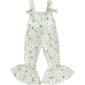 Emmababy Toddler Girl Bell Bottom Romper Daisy Print Jumpsuit Floral Sleeveless Strap Wide Leg Overalls Baby Summer Clothes