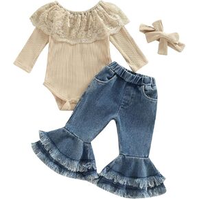 3Pcs Newborn Baby Girl Fall Winter Outfits Lace Ribbed Romper Floral Print Bell Bottoms with Headband Set Clothes
