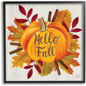 Stupell Industries Hello Fall Sentiment Orange Pumpkin Autumn Tree Leaves, Designed by Jackie Quigley Canvas Wall Art, 36 x 36