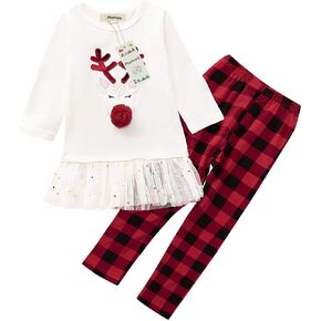 2-7T Little Kids Baby Girl Christmas Clothes Outfit Long Sleeve Reindeer Print Shirt Tops +Plaid Pants Sets