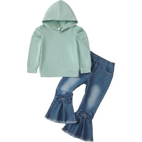 Kucnuzki Toddler Baby Girl Clothes Long Sleeve Hoodie Sweatshirt Denim Bell Bottom Jeans 2 Piece Fall Winter Girl Outfit