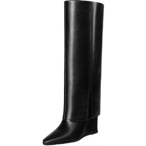 MUCCCUTE Knee High Boots Women - Fold Over Knee Boots Wedge High Heel Pointed Toe Tall Boots with Full Side Zipper