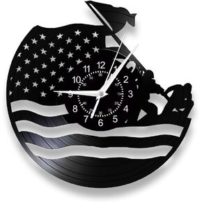 USA Flag Wall Clock, 12 Inch 7 Colors Luminous Marine Corps War Memorial Wall Clock, Silent Non Ticking Modern Decorative Vinyl Record Night Light Wall Lamp Clock for Veteran Soldier Gift