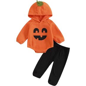 Omkzanbi Halloween Baby Girl Boy Clothes Pumpkin Face Hoodie Sweatshirt Bodysuit Long Pants Neutral Newborn Fall Outfit 0-18M