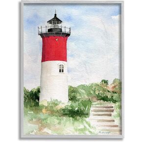 Stupell Industries Stairs Leading to Nauset Lighthouse Green Cliffside, Design by Melissa Hyatt LLC Grey Framed Wall Art, 11x14, Blue