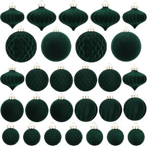 Christmas Tree Ornaments Green Velvet - Pack of 28pcs Flocked Xmas Balls Ornament Decorations Assortment
