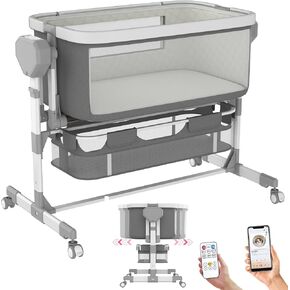 Electric Rocking Bassinet for Baby, Automatic Bluetooth Baby Bassinet with Wheels, 6 Height Adjustable Baby Bassinets Bedside Sleeper, 5-Speed Swing Smart Infant Newborn Rolling Crib