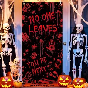 Halloween Front Door Cover,Bloody Halloween Decorations Scary Door Cover No One Leaves Spooky Door Cover Handprints Backdrop for Halloween Door Decorations Outdoor Garage Halloween Cover