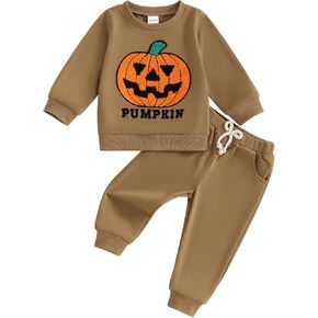 Toddler Baby Boy Outfit Pumpkin Long Sleeve Sweatshirt Elastic Waist Pant Halloween Fall Winter Clothes 2PCS