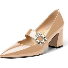 NUMALEO Womens Wedding Patent Pointed Toe Rhinestone Dress Ankle Strap Solid Bungee Chunky Mid Heel Pumps Shoes 2.5 Inch