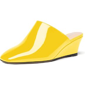 SHOWFOREST Women's Square Toe Evening Dress Slide Casual Patent Wedge Low Heel Mules Shoes 2 Inch