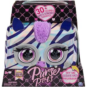 PURSE PETS Metallic Magic - Zebra - Interactive Companion - Hand Bag - Interactive Animal - Metallic Style Interactive Animal That Flashes Eyes - Sounds and Play Modes - Children's Toy Age 5+