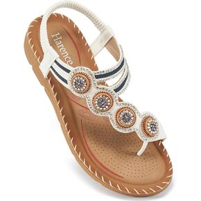 HARENCE Flat Sandals for Women Dressy: Comfortable Summer Flats Shoes Elastic Ankle Strap Bohemian Beaded Beach Sandal