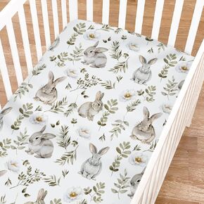 Watercolor Bunny Boho Flowers Leaves Baby Crib Sheets for Girl and Boy 52"x28" Rabbits Retro Wild Plants Crib Mattress Sheet Soft Breathable Stretchy Bed Sheets for Standard Crib Toddler Bed Mattress