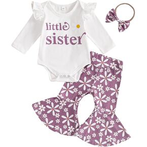 Little Sister Newborn Outfit Baby Girl Long Sleeve Romper Floral Bell Bottom Pants Headband 3pcs Fall Clothes