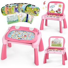 Learning Activity Table with 24-Key Toy Piano Keyboard, Kids Learning Writing Drawing Board, Baby Activity Table for Toddlers 1-3, Birthday Gifts for 1 2 3 4 5 Years Old Girls