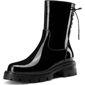 HDEUOLM Womens Chunky Platform Low Heel Round Toe Ankle Boots Short Bootie Lace-up Zipper Classic Casual Patent Leather Boots Lug Sole Boots