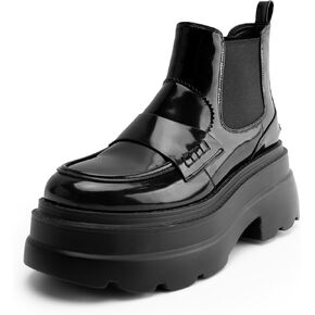 KaroNairy Platform Ankle Boots for Women Chelsea Boots Round Toe Chunky Heel Slip on Lug Sole Short Boots Black