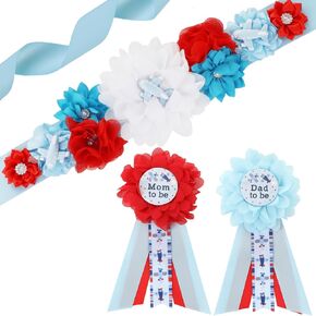 JOYMEMO Airplane Baby Shower Maternity Sash Kit Red Blue - Fly Airplane Baby Shower Belly Belt and Mom to Be & Dad to Be Corsage Pins, Pregnancy New Parents Photo Props How Time Flies Party Supplies