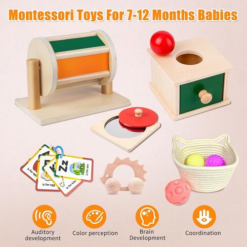 Montessori Educational Toys for Babies 7-12 Months, 7 in 1 Early Learning Educational Kit for Toddlers Gifts, Includes Spinning Drum, Permanent Box, Red Mirror Knob Puzzle, Hedgehog Rattle and More in Saudi Arabia