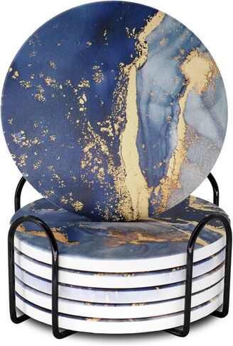 White Marble Ceramic Coasters with Holder Absorbent Drink Coaster Set Outdoor Round Abstract Cute Table Decorative Coffee Cup Beverage Fun Wine Beer Bar Gold Housewarming 6 Pack in Saudi Arabia