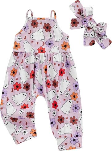 Ayalinggo My First Halloween Baby Girl Outfit Pumpkin Ghost Romper Jumpsuit Sleeveless Strap Overalls Toddler Fall Clothes in Saudi Arabia