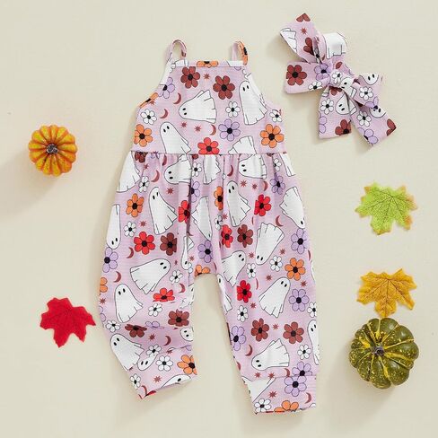 Ayalinggo My First Halloween Baby Girl Outfit Pumpkin Ghost Romper Jumpsuit Sleeveless Strap Overalls Toddler Fall Clothes in Saudi Arabia