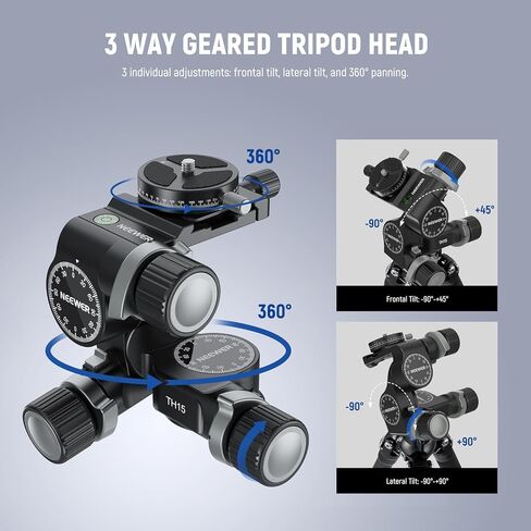 NEEWER 3 Way Geared Tripod Head with 360° Pan Arca Type QR Plate, Millimeter Micro Adjustment, Aluminum Alloy 3 Axis Pan Tilt Head with Quick Switch Large & Fine Dual Modes, Max Load 13.2lb/6kg, TH16 in Saudi Arabia