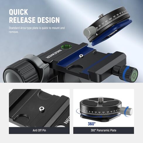 NEEWER 3 Way Geared Tripod Head with 360° Pan Arca Type QR Plate, Millimeter Micro Adjustment, Aluminum Alloy 3 Axis Pan Tilt Head with Quick Switch Large & Fine Dual Modes, Max Load 13.2lb/6kg, TH16 in Saudi Arabia