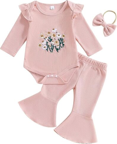 Newborn Baby Girl Waffle Knit Outfit Long Sleeve Embroidered Flower Ruffle Romper Flare Pants Headband 3 Piece Set in Kuwait