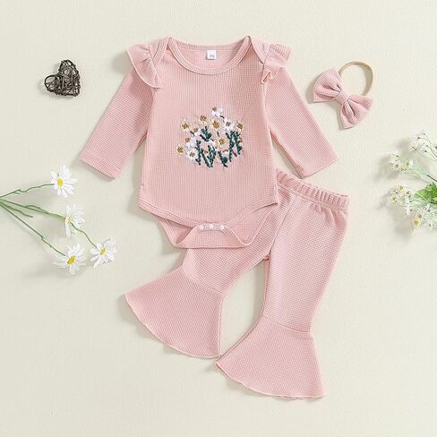 Newborn Baby Girl Waffle Knit Outfit Long Sleeve Embroidered Flower Ruffle Romper Flare Pants Headband 3 Piece Set in Kuwait