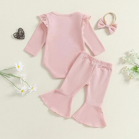 Newborn Baby Girl Waffle Knit Outfit Long Sleeve Embroidered Flower Ruffle Romper Flare Pants Headband 3 Piece Set in Kuwait