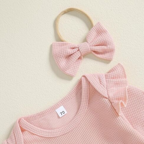 Newborn Baby Girl Waffle Knit Outfit Long Sleeve Embroidered Flower Ruffle Romper Flare Pants Headband 3 Piece Set in Kuwait
