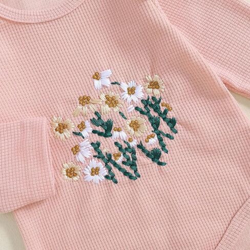 Newborn Baby Girl Waffle Knit Outfit Long Sleeve Embroidered Flower Ruffle Romper Flare Pants Headband 3 Piece Set in Kuwait