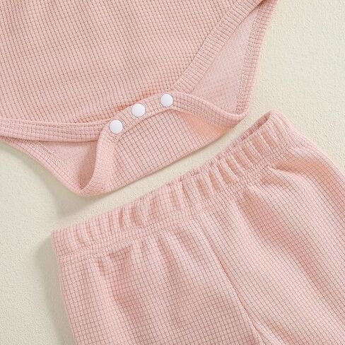 Newborn Baby Girl Waffle Knit Outfit Long Sleeve Embroidered Flower Ruffle Romper Flare Pants Headband 3 Piece Set in Kuwait