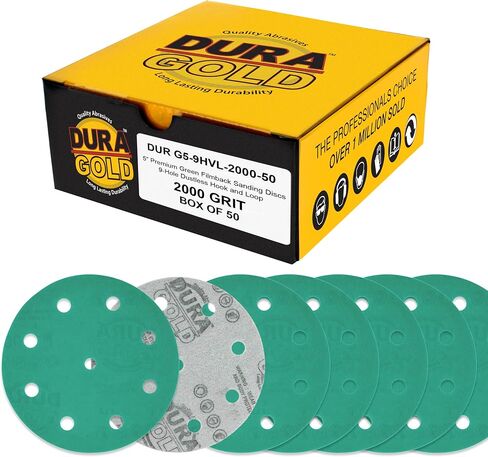 Dura-Gold Premium 2000 Grit 5" Green Film Sanding Discs, 9-Hole Pattern, Box of 50 - Heavy-Duty Dustless Hook & Loop Backing Sandpaper for DA & Random Orbital Sander, Detail Auto Paint Wood in Kuwait