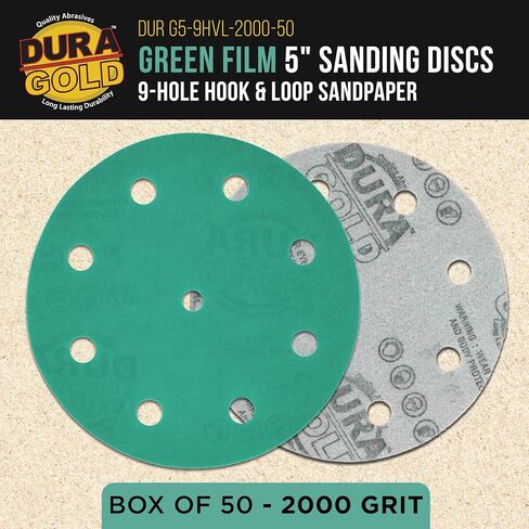 Dura-Gold Premium 2000 Grit 5" Green Film Sanding Discs, 9-Hole Pattern, Box of 50 - Heavy-Duty Dustless Hook & Loop Backing Sandpaper for DA & Random Orbital Sander, Detail Auto Paint Wood in Kuwait