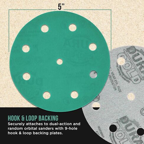 Dura-Gold Premium 2000 Grit 5" Green Film Sanding Discs, 9-Hole Pattern, Box of 50 - Heavy-Duty Dustless Hook & Loop Backing Sandpaper for DA & Random Orbital Sander, Detail Auto Paint Wood in Kuwait