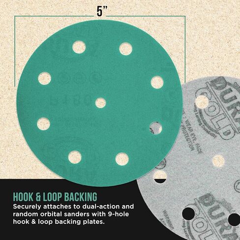 Dura-Gold Premium 2000 Grit 5" Green Film Sanding Discs, 9-Hole Pattern, Box of 50 - Heavy-Duty Dustless Hook & Loop Backing Sandpaper for DA & Random Orbital Sander, Detail Auto Paint Wood in Kuwait