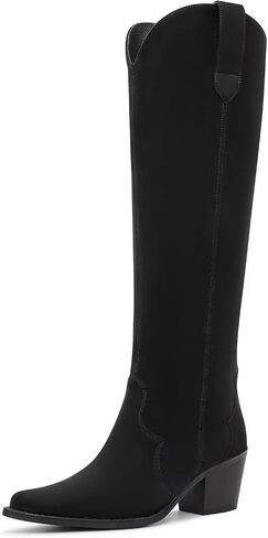 Women’s Western Cowgirl Knee High Boots Embroidered Leather Chunky Heel Boots Ladies Suede Closed Pointed Toe Booties Tall Cowboy Boots For Women in Saudi Arabia