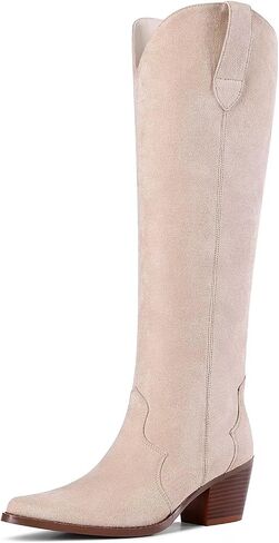 Women’s Western Cowgirl Knee High Boots Embroidered Leather Chunky Heel Boots Ladies Suede Closed Pointed Toe Booties Tall Cowboy Boots For Women in Saudi Arabia