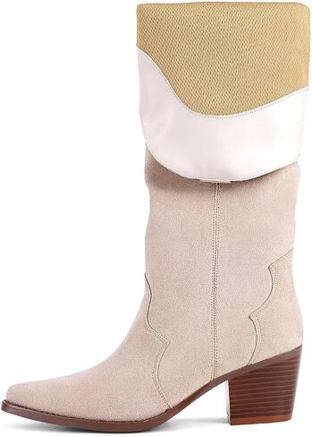 Women’s Western Cowgirl Knee High Boots Embroidered Leather Chunky Heel Boots Ladies Suede Closed Pointed Toe Booties Tall Cowboy Boots For Women in Saudi Arabia
