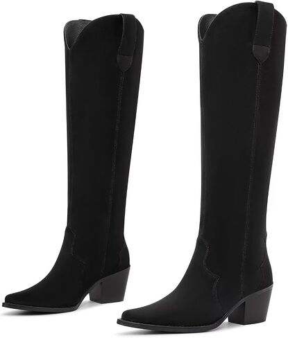 Women’s Western Cowgirl Knee High Boots Embroidered Leather Chunky Heel Boots Ladies Suede Closed Pointed Toe Booties Tall Cowboy Boots For Women in Saudi Arabia