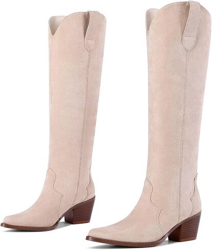 Women’s Western Cowgirl Knee High Boots Embroidered Leather Chunky Heel Boots Ladies Suede Closed Pointed Toe Booties Tall Cowboy Boots For Women in Saudi Arabia