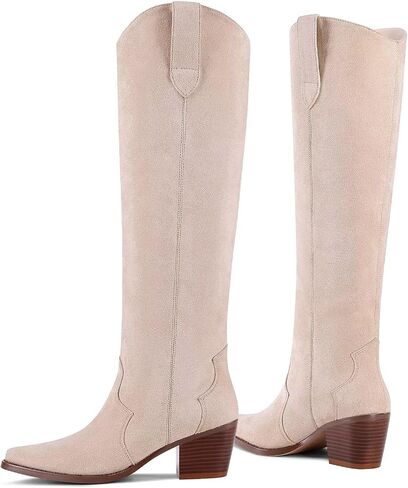 Women’s Western Cowgirl Knee High Boots Embroidered Leather Chunky Heel Boots Ladies Suede Closed Pointed Toe Booties Tall Cowboy Boots For Women in Saudi Arabia