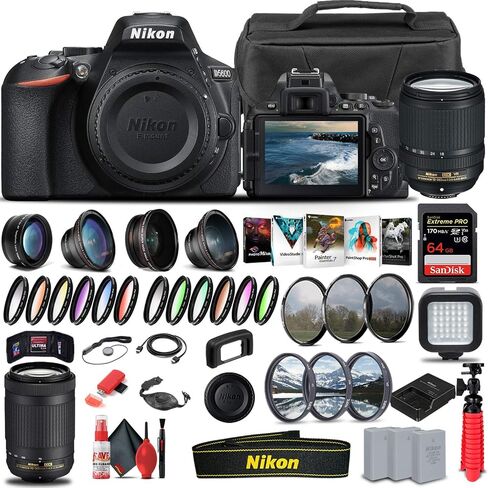 كاميرا Nikon D5600 DSLR مع عدسة 18-140 ملم (1577) + عدسة نيكون 70-300 ملم + بطاقة ذاكرة سعة 64 جيجابايت + حافظة + برنامج Corel للصور + 2 بطارية EN-EL14 A + قارئ بطاقات + ضوء LED + مجموعة مرشح + المزيد (متجددة) in Saudi Arabia