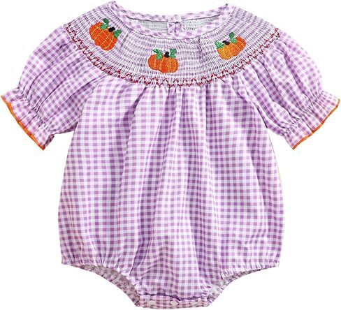 Baby Girl Halloween Clothes Pumpkin Embroidery Puff Sleeve Ruffle Smocked Bubble Romper Plaid Bodysuit Jumpsuit in Kuwait